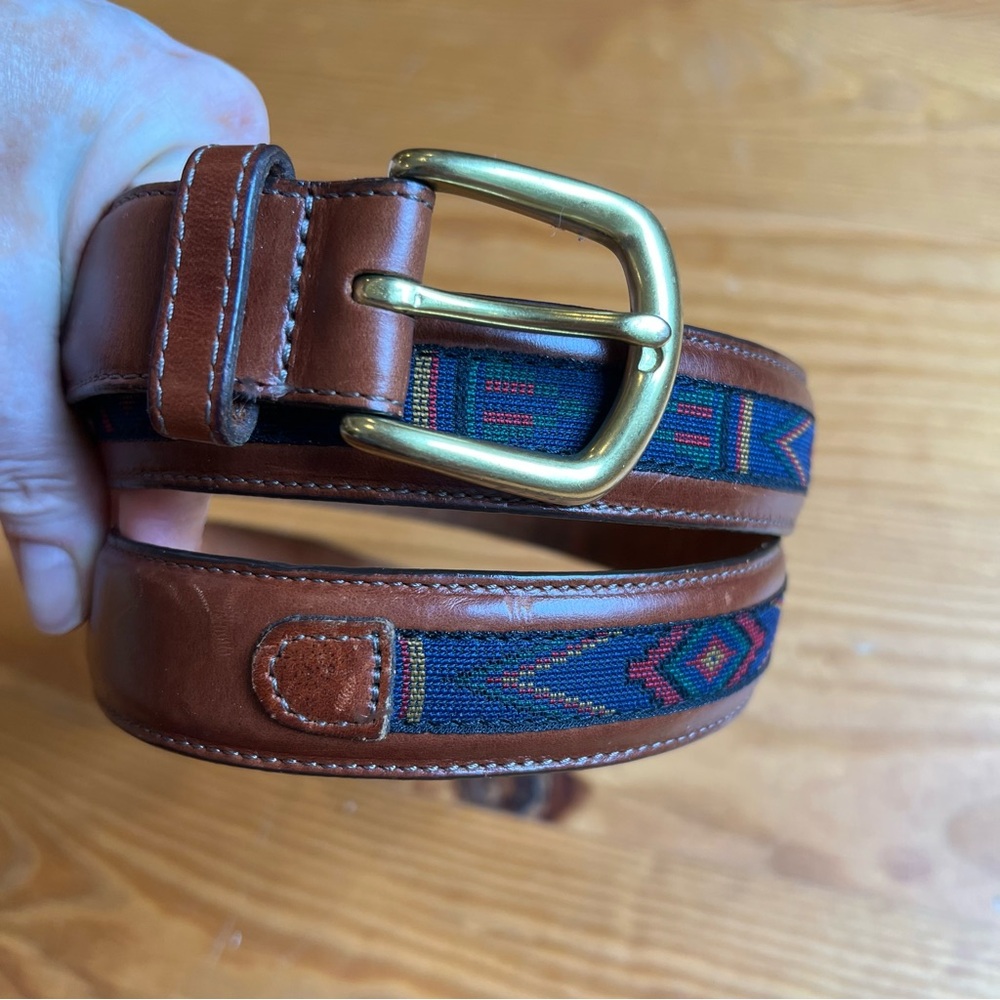 Mens Leather Aztec Tribal Western Inlayed Belt Brass Buckle Size 38 Multi USA - Picture 1 of 12